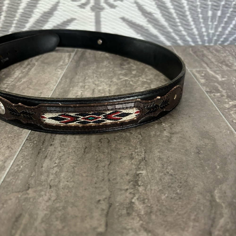 Vtg Tony Lama State of Texas Brass Buckle Western Leather Belt Concho 48” Aztec - Picture 12 of 14